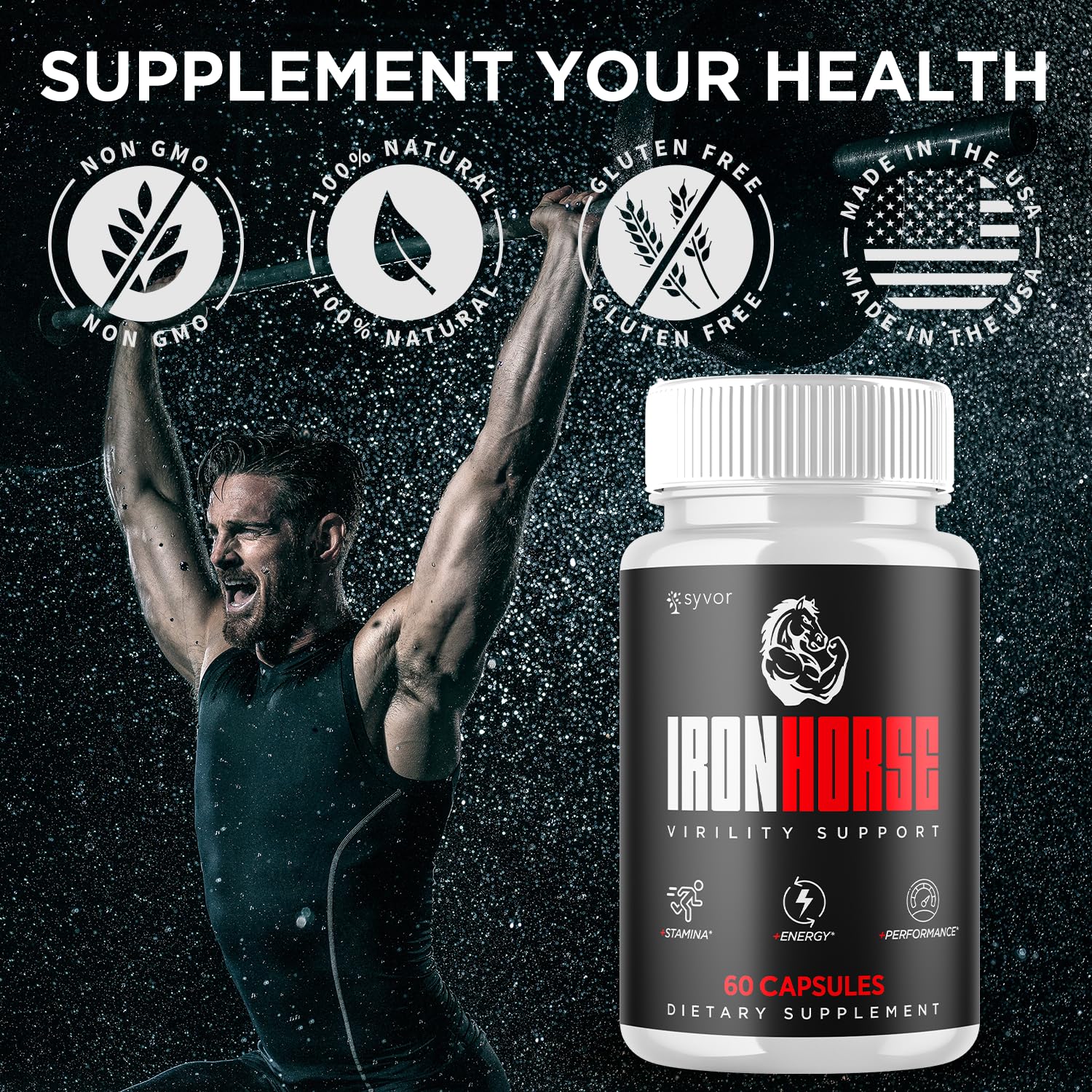 Active lifestyle scene with a man exercising beside Iron Horse bottle.
