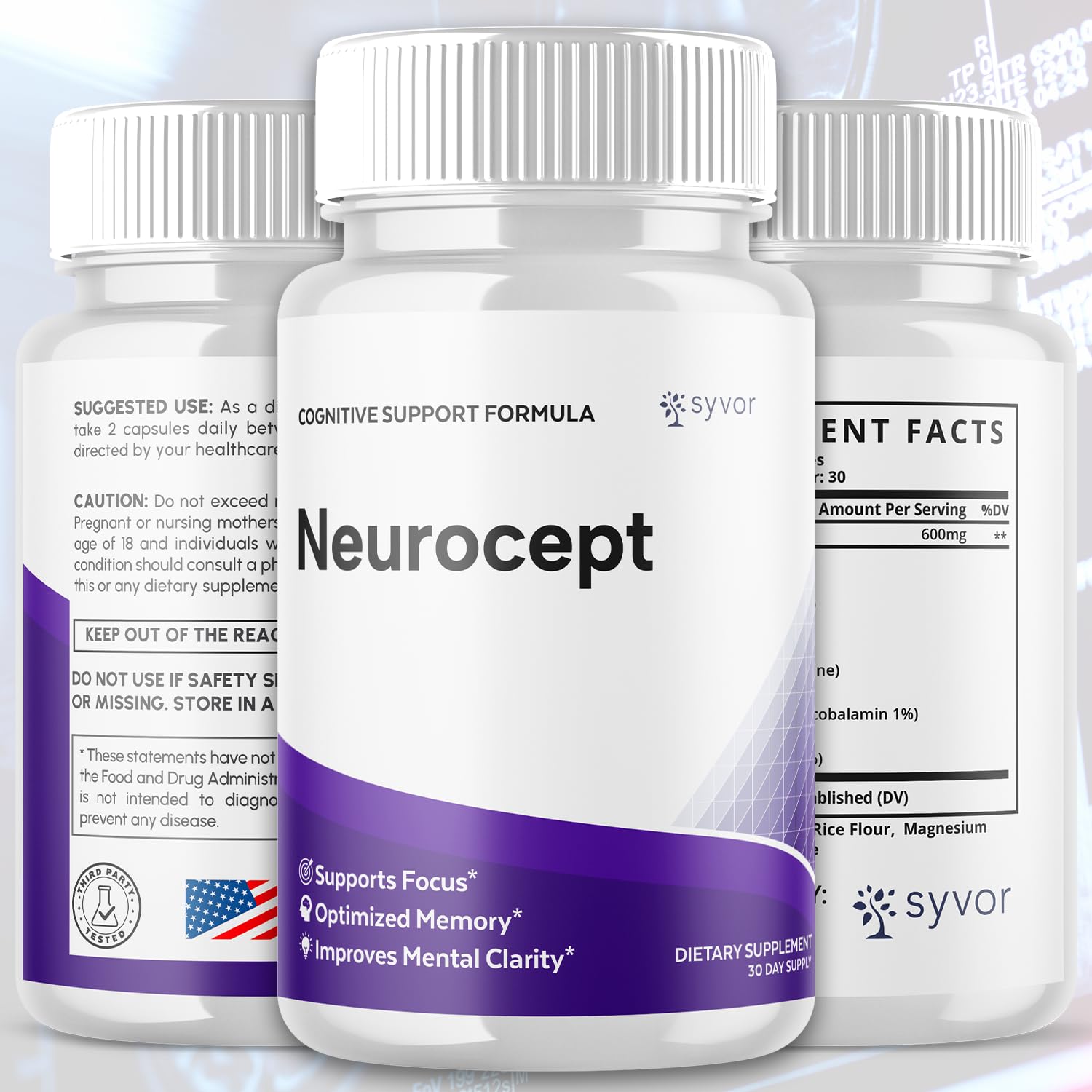 Syvor Neurocept bottle back showing ingredients and usage for daily routine