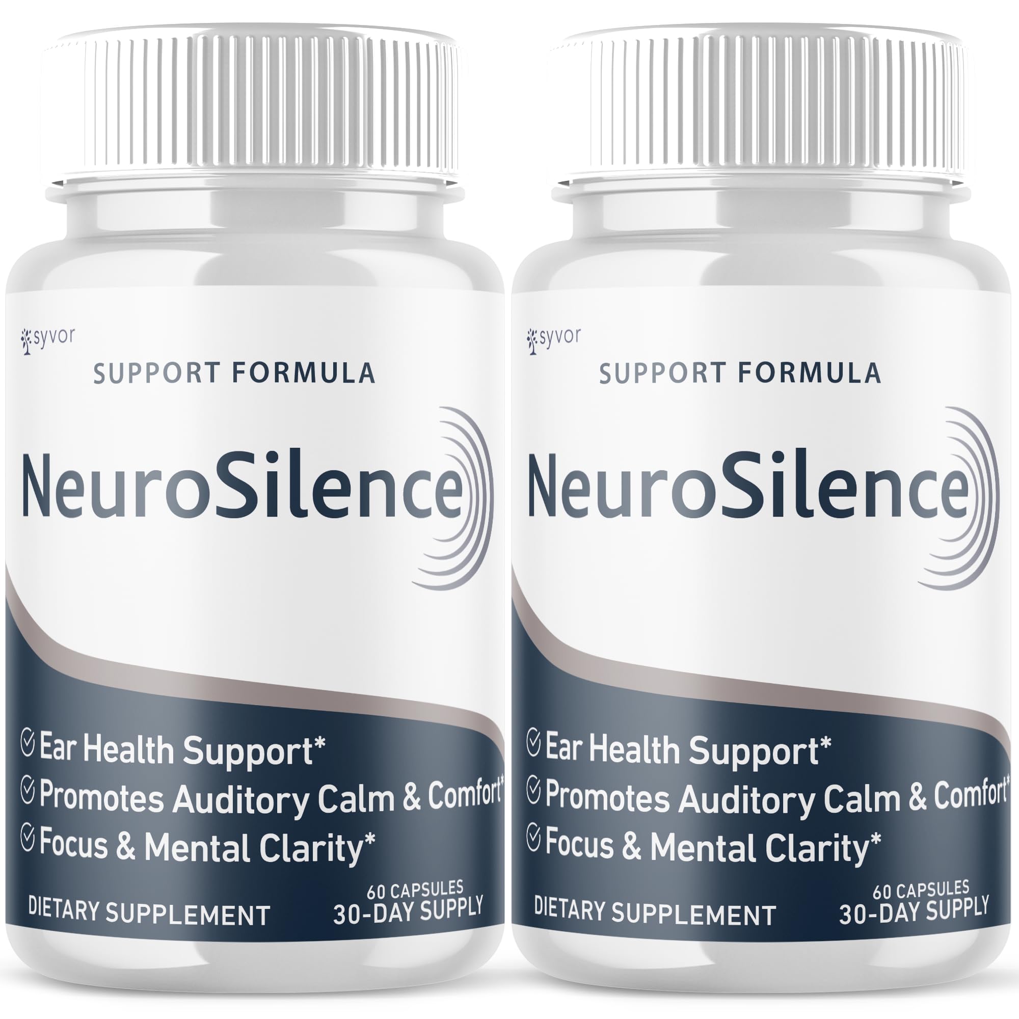 Syvor Neurosilence bottle label close-up for natural hearing support.