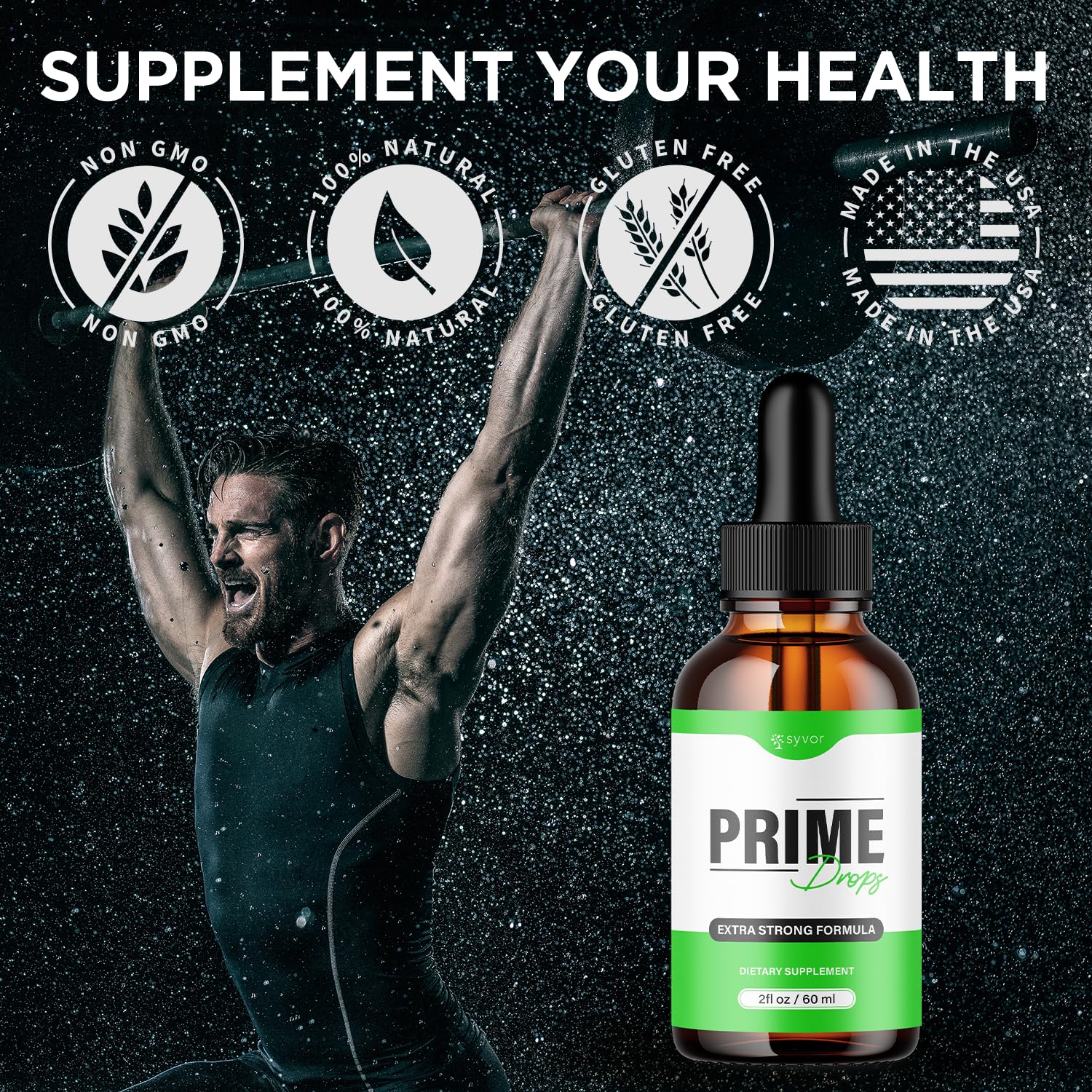 Syvor Prime Drops label close-up highlights premium all-natural ingredients