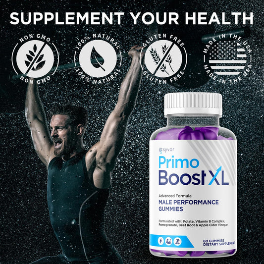 Syvor Primo Boost XL gummies close-up showing chewy texture for daily energy.