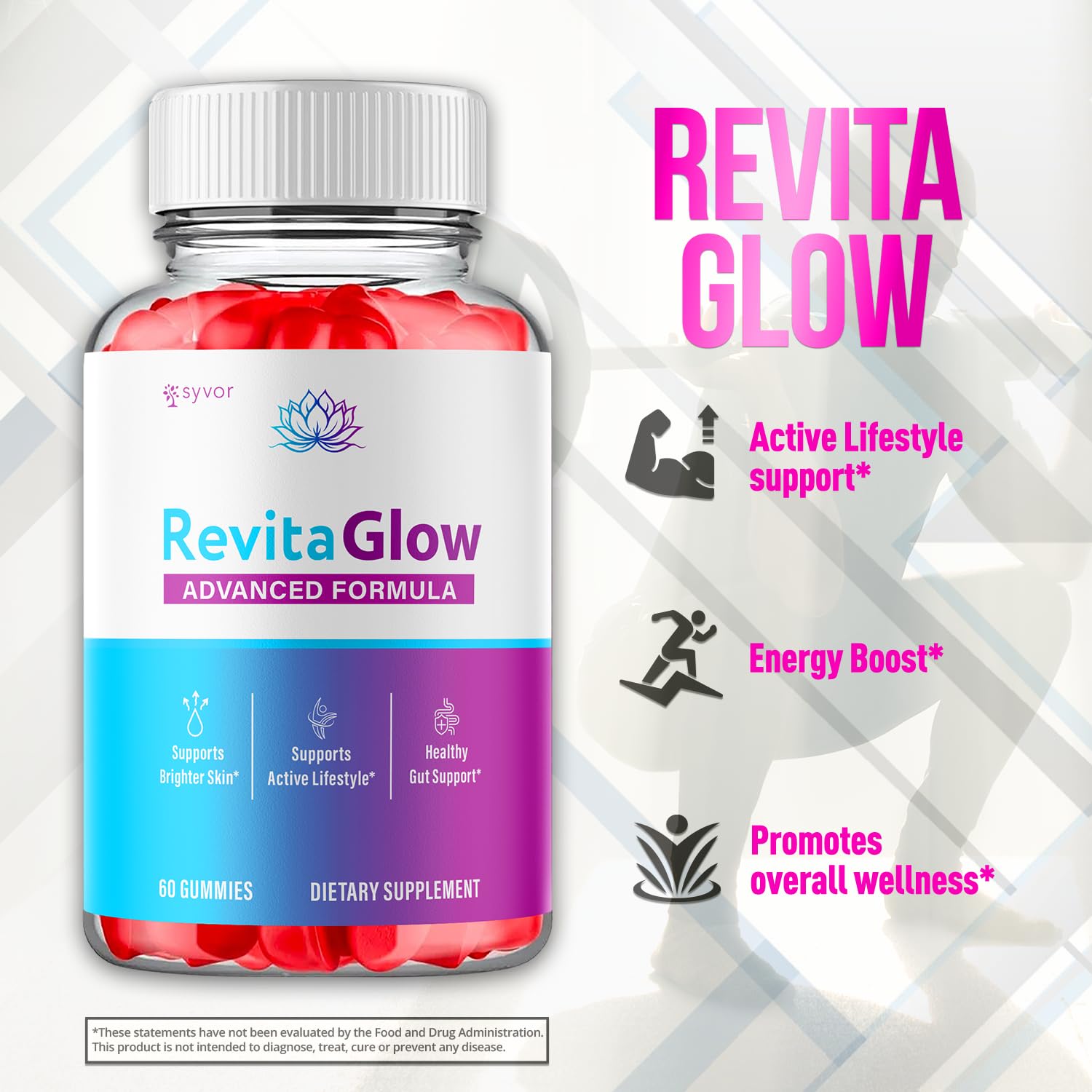 RevitaGlow Gummies label details with natural ingredients