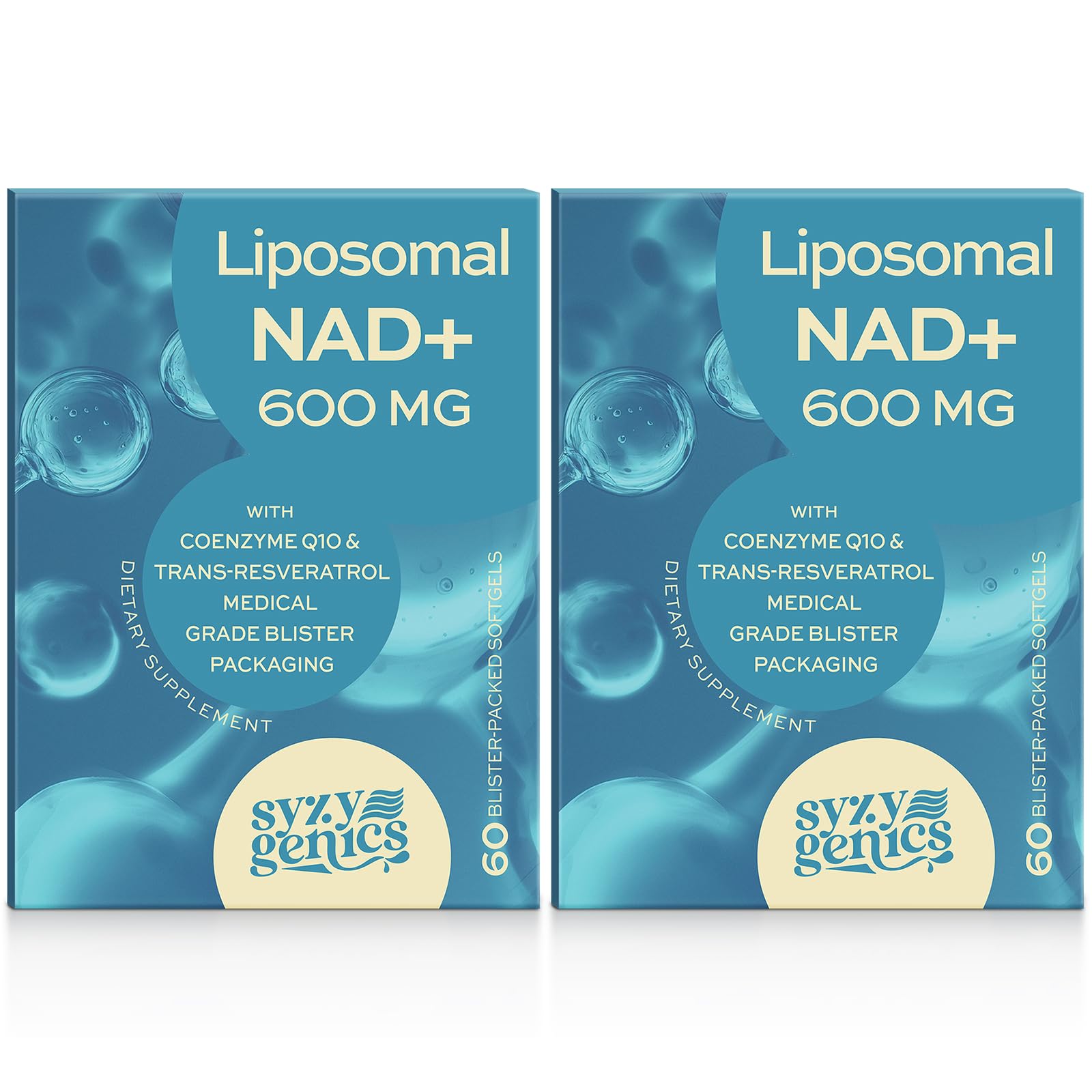 SYZY GENICS NAD+ supplement bottle with liposomal delivery for enhanced absorption.