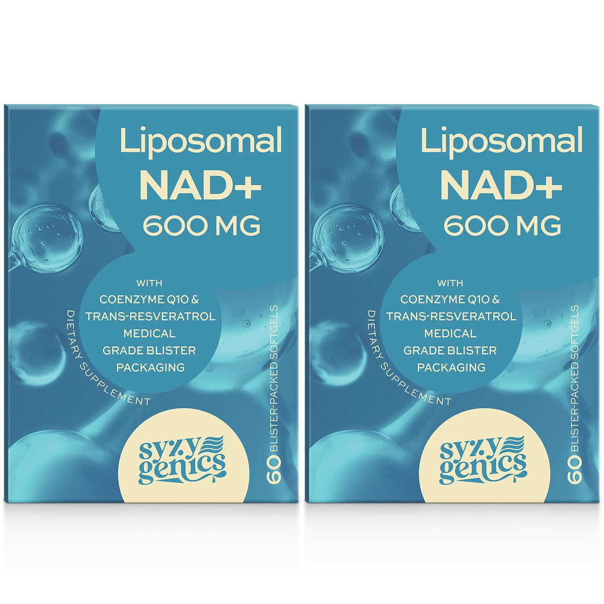 SYZY GENICS NAD+ supplement bottle with liposomal delivery for enhanced absorption.