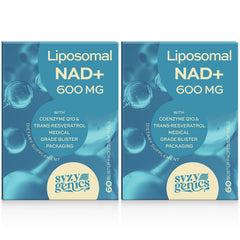 SYZY GENICS NAD+ supplement bottle with liposomal delivery for enhanced absorption.