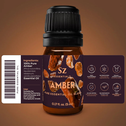 Sz Essentials Amber resin extract aroma in a bottle for diffusing calm.