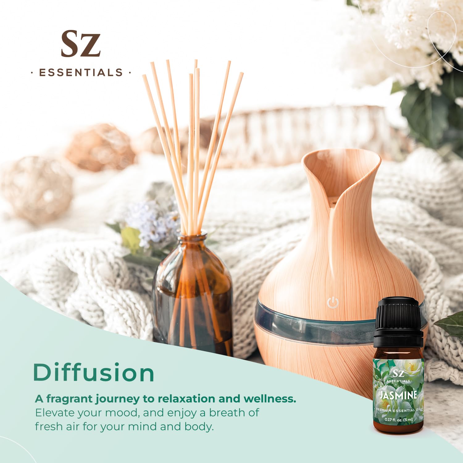 Label of Sz Essentials Jasmine Absolute Oil emphasizing solvent-free purity
