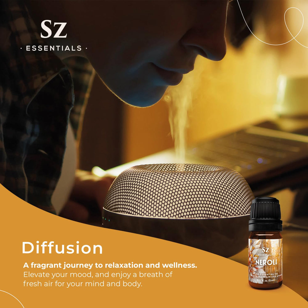 Sz Essentials Neroli oil amber glass bottle on display
