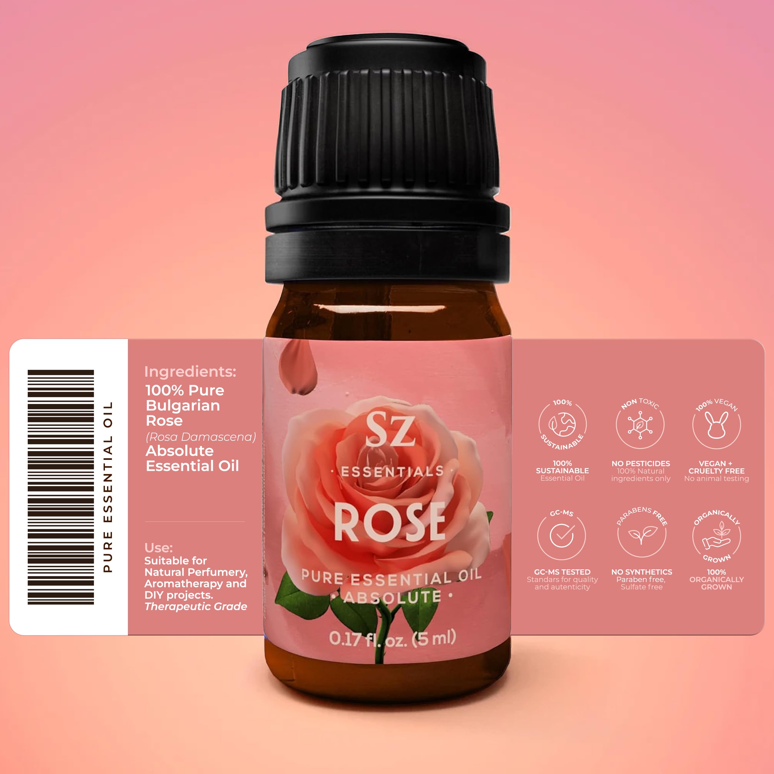 Sz Essentials Rose Absolute Oil bottle closeup reveals rich floral notes ideal for diffusing.