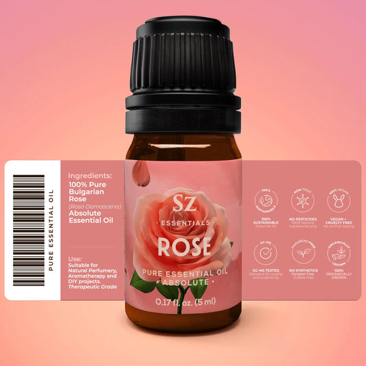 Sz Essentials Rose Absolute Oil bottle closeup reveals rich floral notes ideal for diffusing.