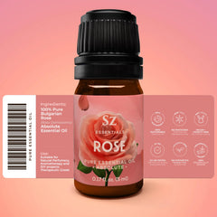 Sz Essentials Rose Absolute Oil bottle closeup reveals rich floral notes ideal for diffusing.