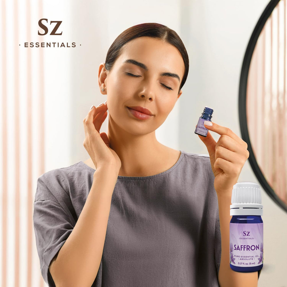 Sz Essentials saffron oil packaging label highlights purity and vegan grade