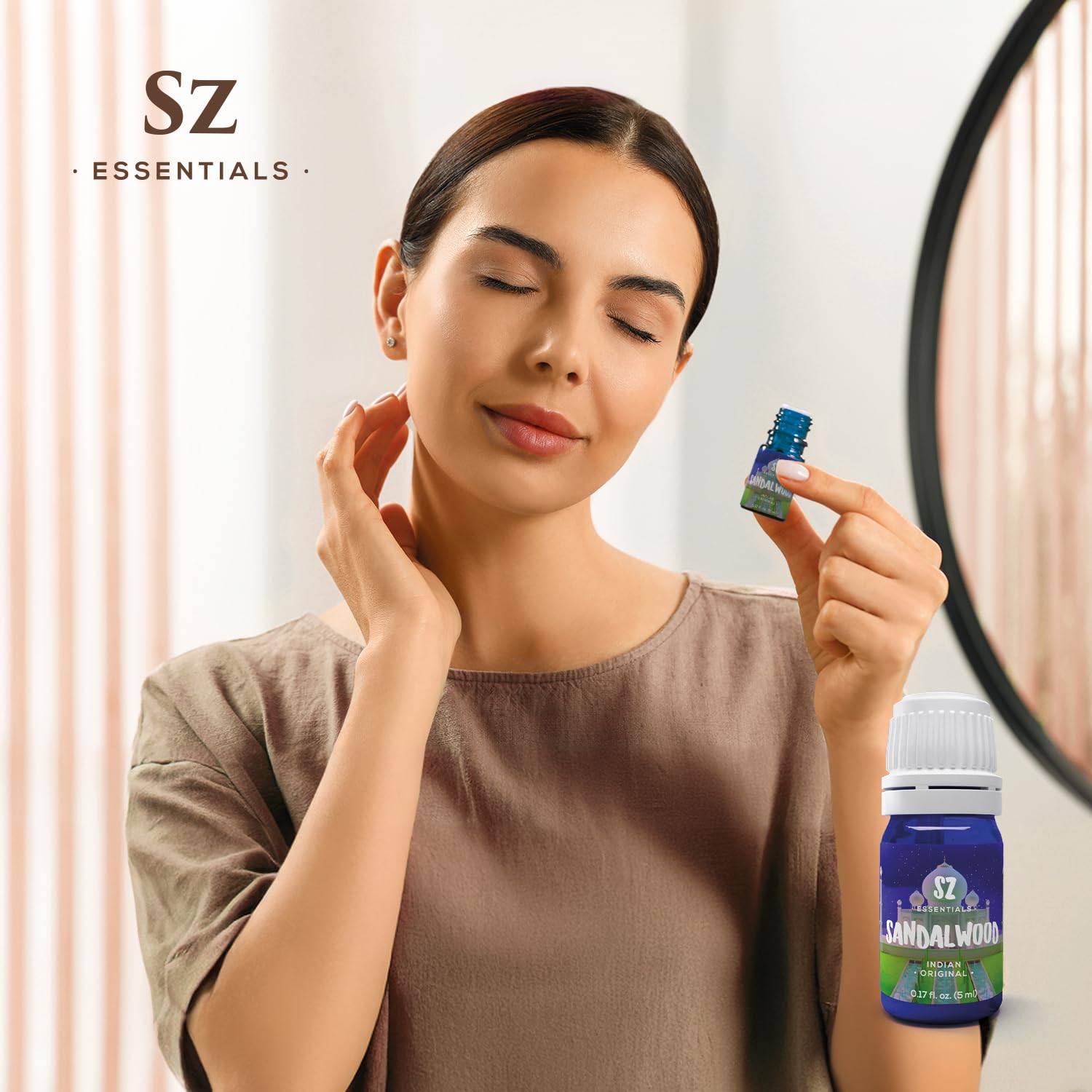Sz Essentials sandalwood diffuser setup enhances a serene room.
