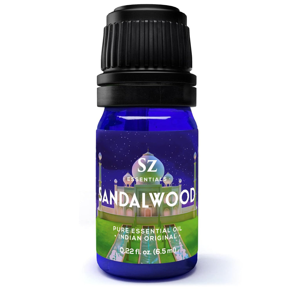 Sz Essentials Sandalwood oil bottle with pure aroma for calming rituals.