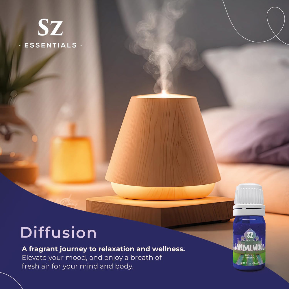 Sz Essentials sandalwood oil closeup highlights rich woody notes.