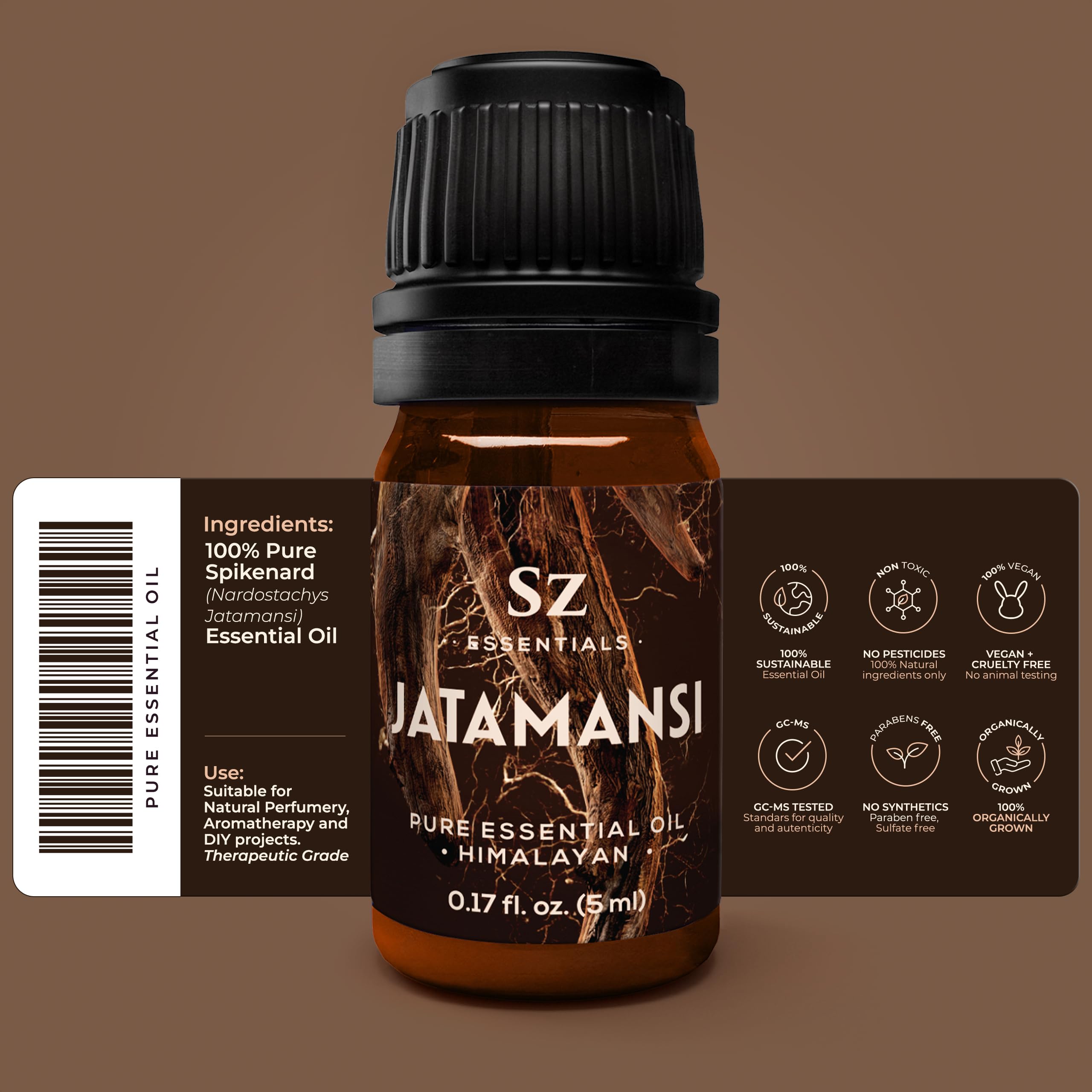 Sz Essentials Spikenard dropper bottle delivers concentrated aroma for personal fragrance.