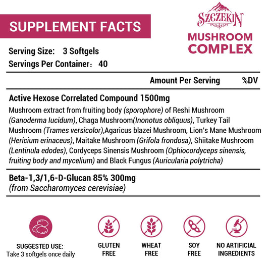 SZCZEKIN eight-mushroom blend capsules emphasizing broader immune and vitality benefits