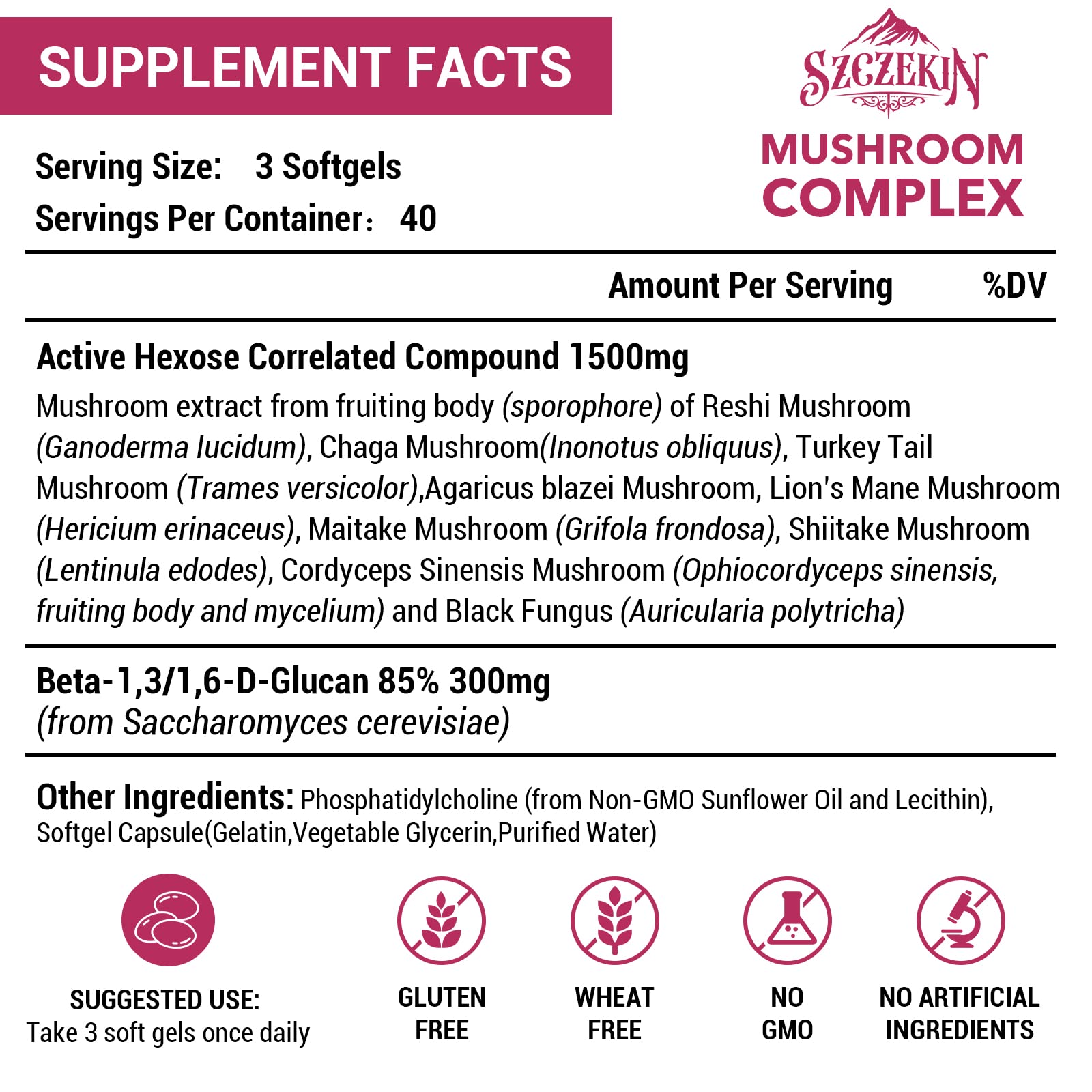 SZCZEKIN eight-mushroom blend capsules showcase natural mushroom extracts for immune synergy.