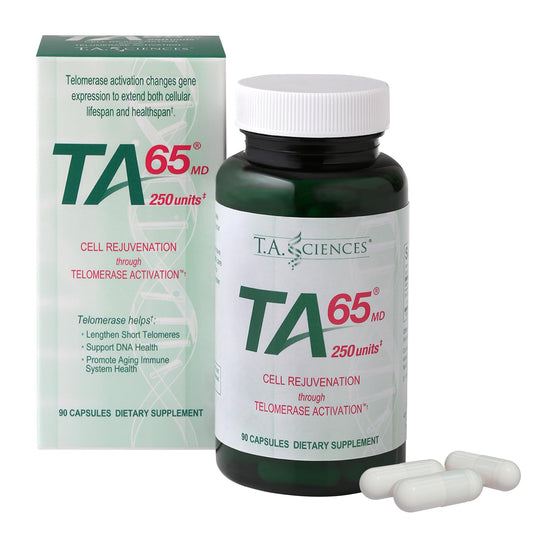TA-65 bottle with 90 capsules for daily supplementation