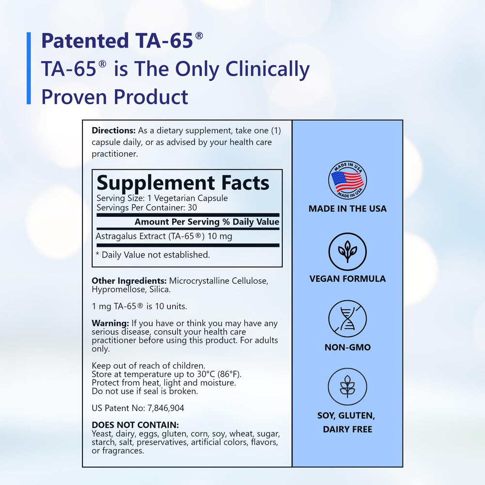 Premium TA65 proprietary formulation label highlights the patented purification process.