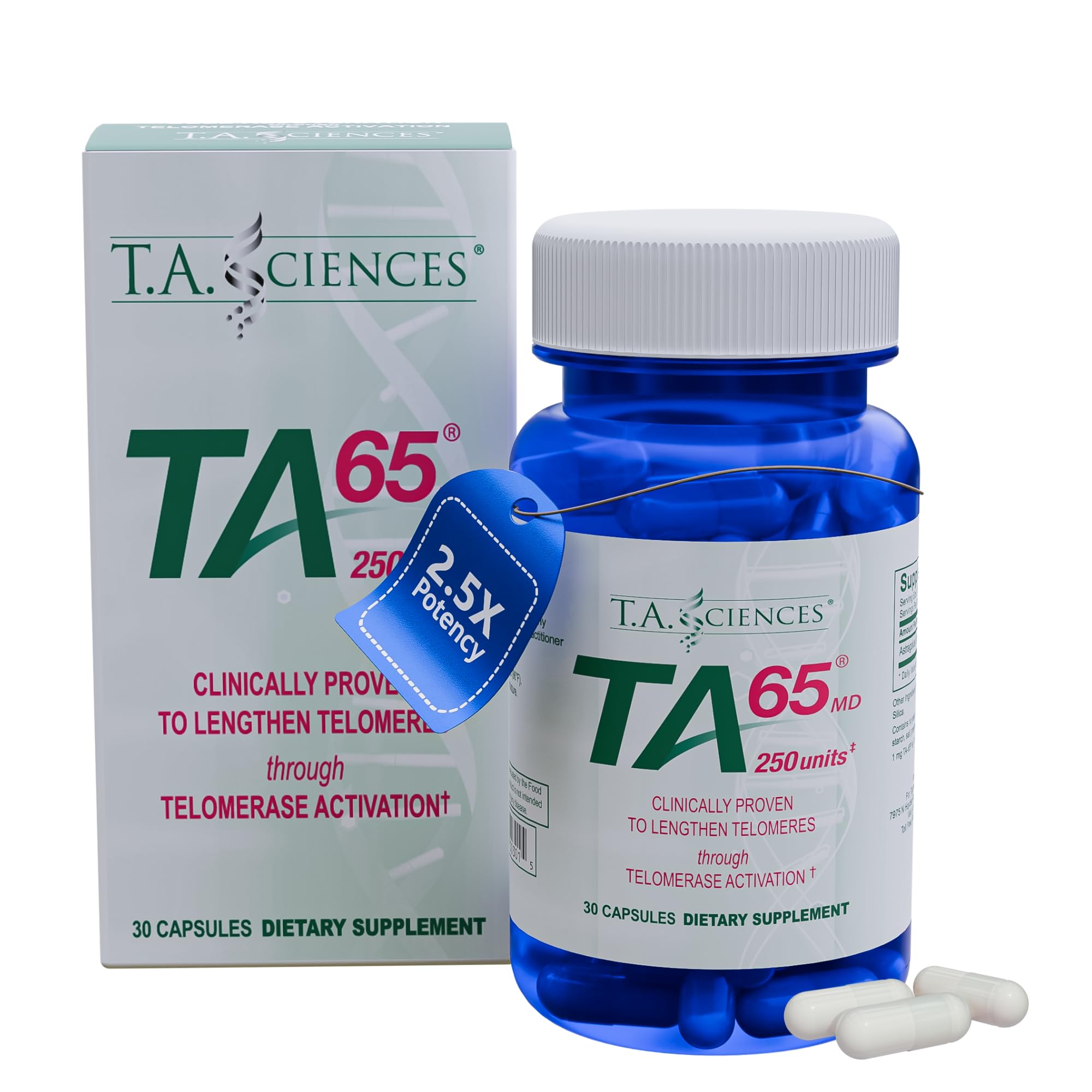 T.A. Sciences TA-65 bottle-front for daily telomere support