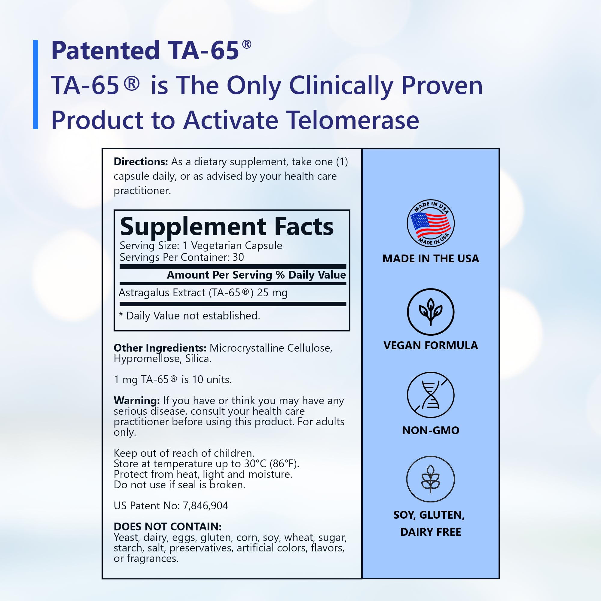 T.A. Sciences TA-65 label detail highlighting patented extraction