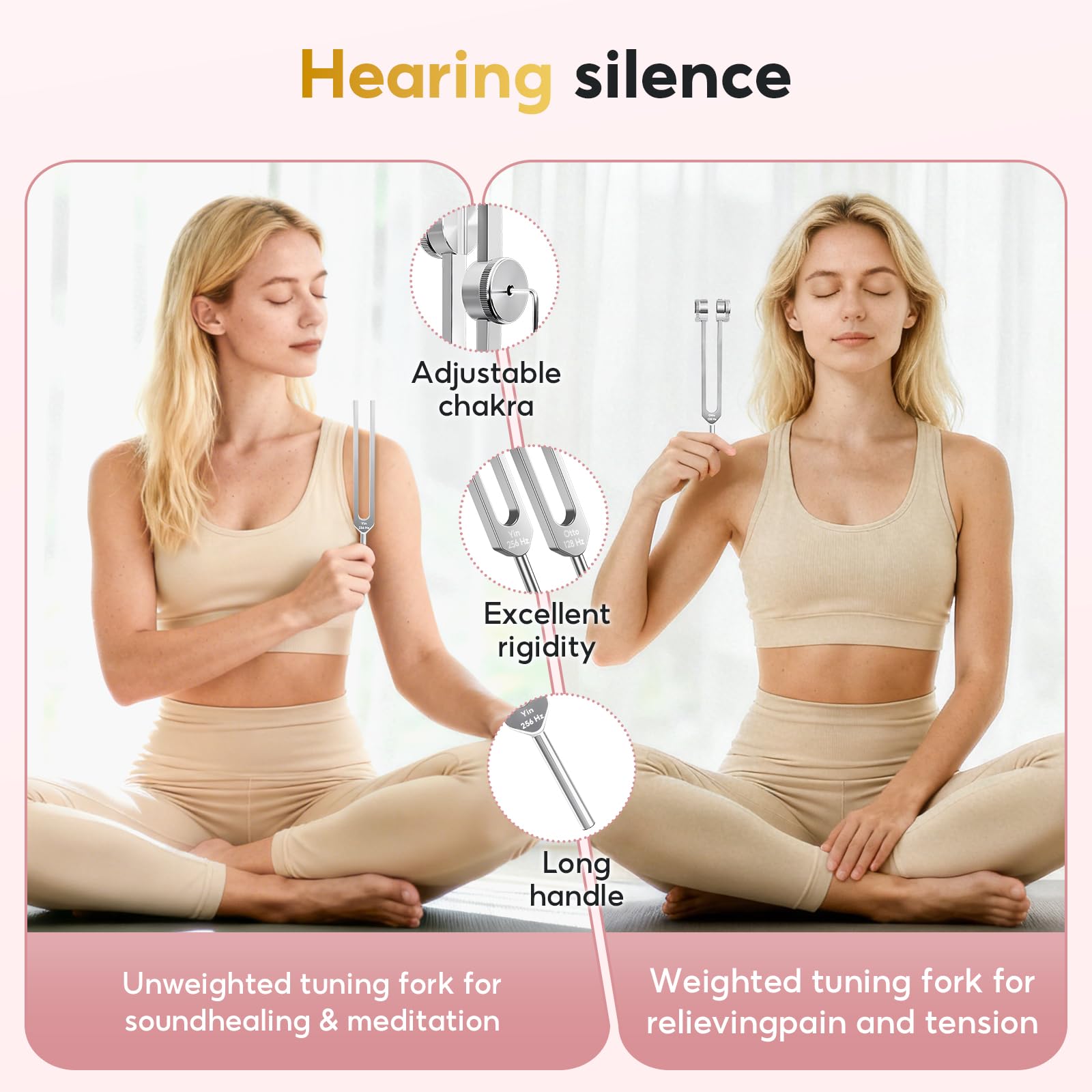 TABARO 256Hz tuning fork in serene light for deep calm during meditation.