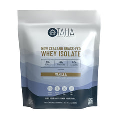 Taha vanilla whey protein isolate jar showcases premium protein source for workouts.