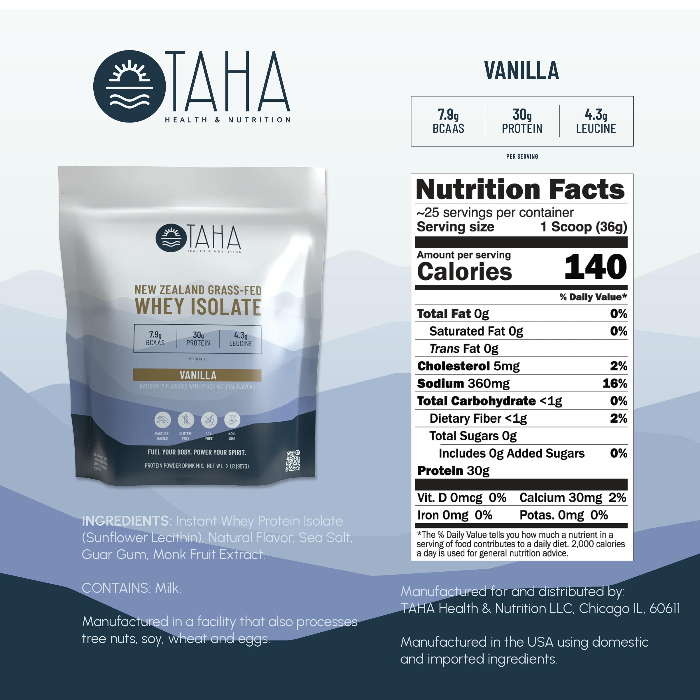 Close-up of Taha label showing 30g protein per serving.