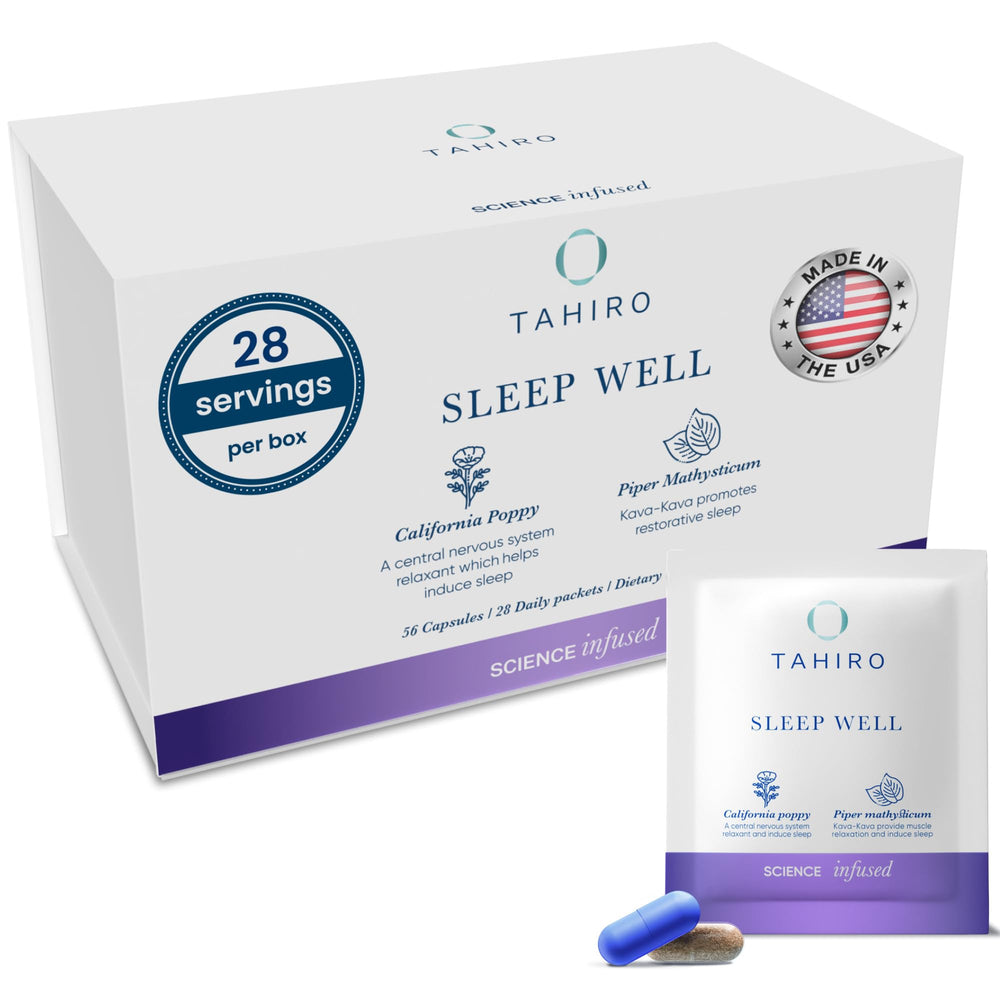 TAHIRO Sleep Well packaging with 28 packets promotes convenient nightly relaxation.