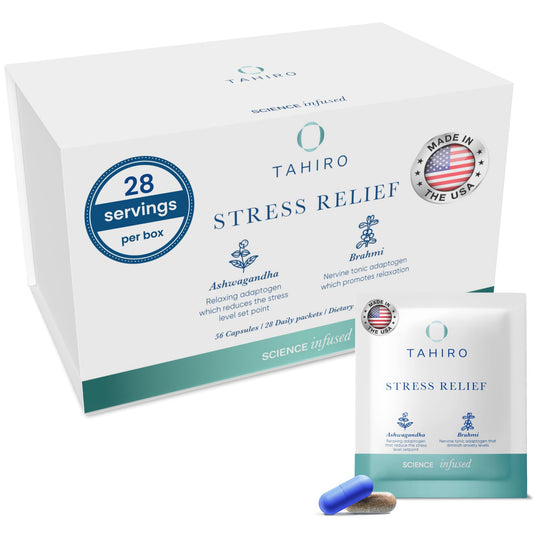TAHIRO Stress-Relief Supplement bottle for calm focus support during busy days.
