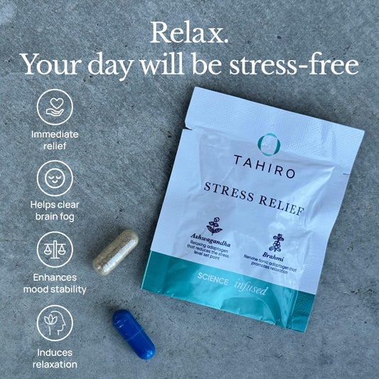 TAHIRO Stress-Relief supplement packets showcasing convenient daily use.