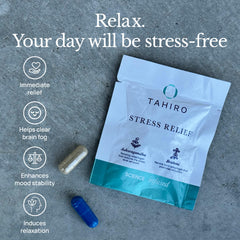 TAHIRO Stress-Relief supplement packets showcasing convenient daily use.