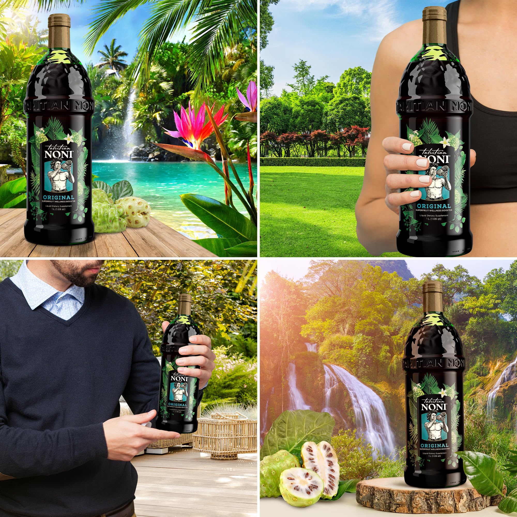 French Polynesia harvest-inspired Tahitian Noni bottle design