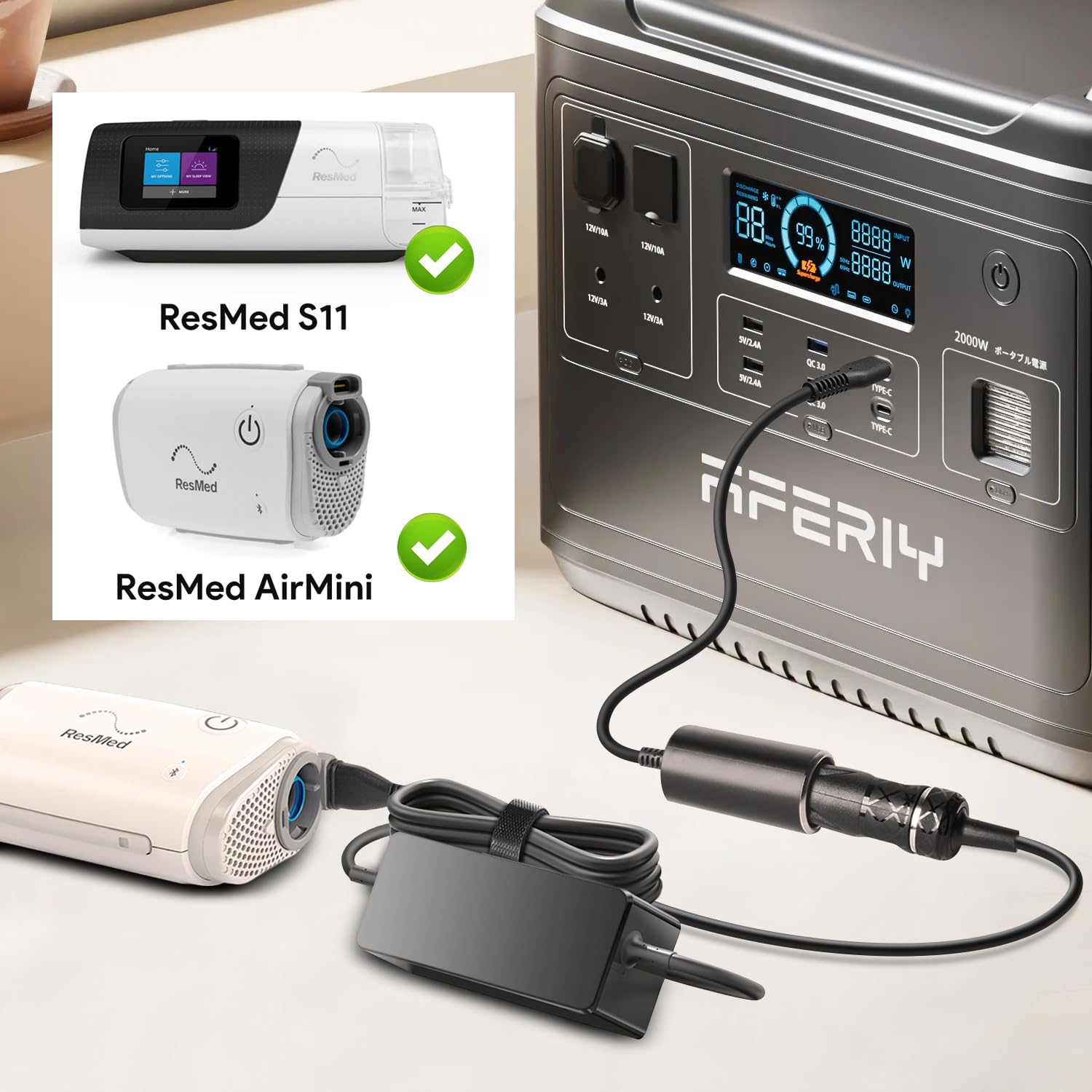 TAIFU 20V PD USB-C adapter powering AirSense 11 setup