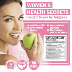 TAIGASEA 40B CFU bottle highlights 10 strains for gut and vaginal flora support.