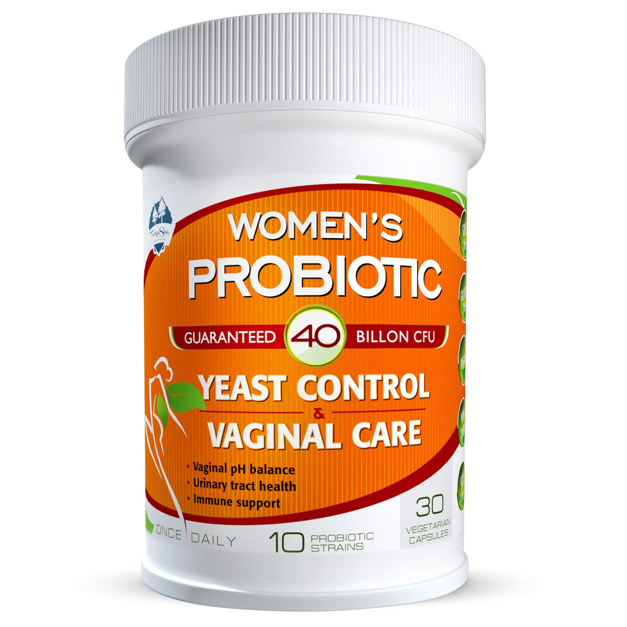 TAIGASEA bottle of women’s probiotic capsules supporting vaginal balance and urinary health.