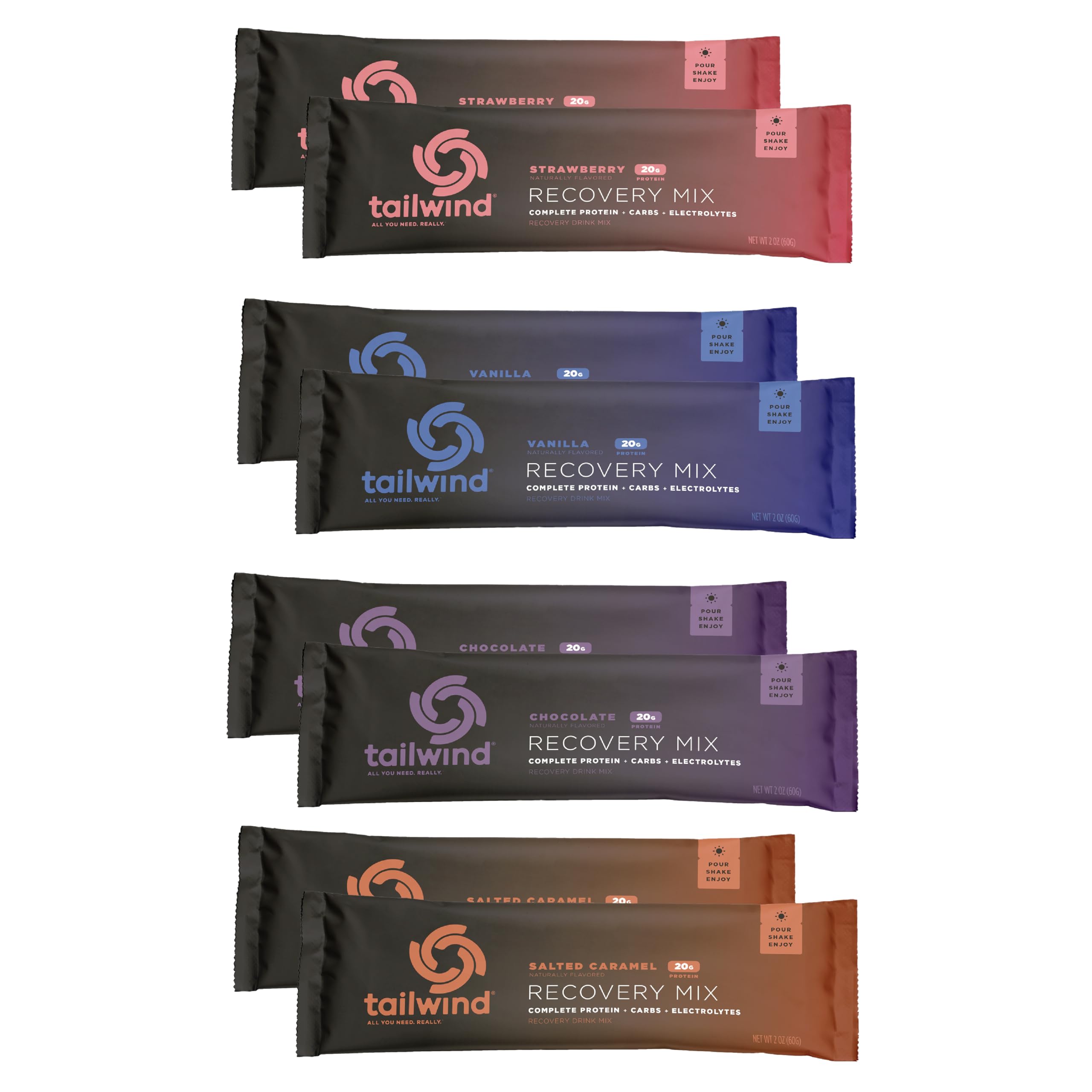 Tailwind Recovery Mix packaging showing flavors for post-workout recovery and on-the-go use