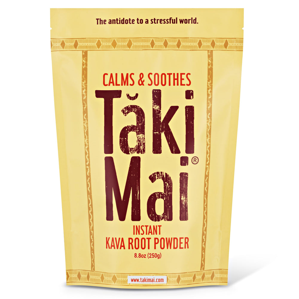 Taki Mai Noble Kava Powder jar shows pure kava root for natural calm.