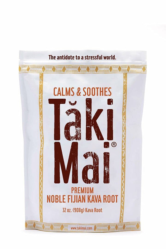 Taki Mai Noble Kava powder in a bag closeup, highlighting pure root quality for traditional relaxation