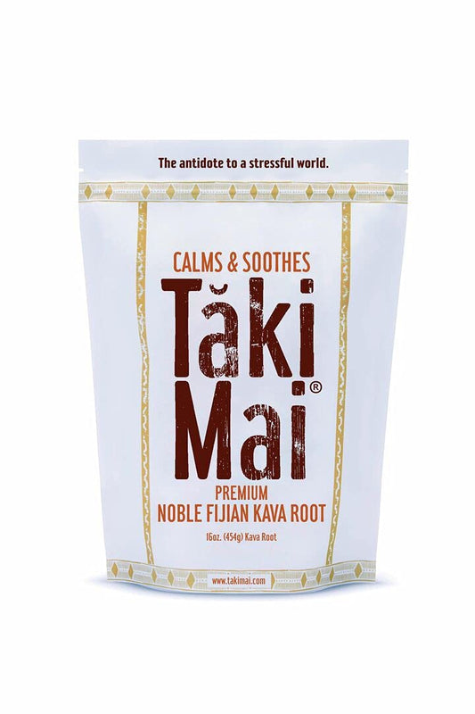 Taki Mai Noble Kava root powder jar ready for a calming evening ritual.