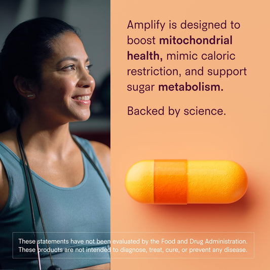 Tally Health Amplify amber bottle highlights capsules aiding cellular energy on the go.