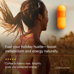 Closeup of Tally Health Amplify capsules illustrates convenient vegan metabolism support.
