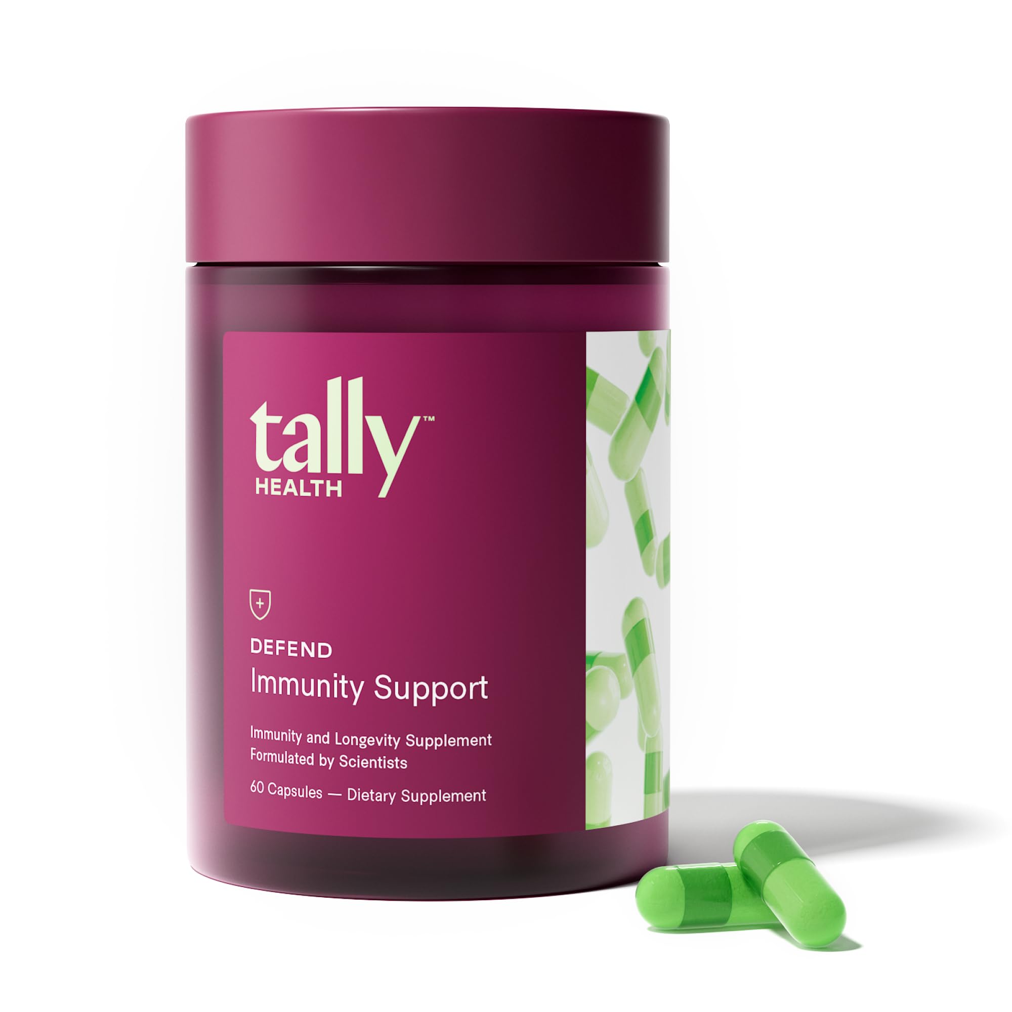Tally Health Defend bottle front view with immune support capsules
