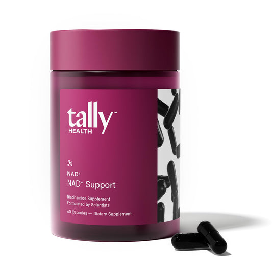Tally Health NAD+ supplement bottle front showing 1000 mg niacinamide for daily energy.