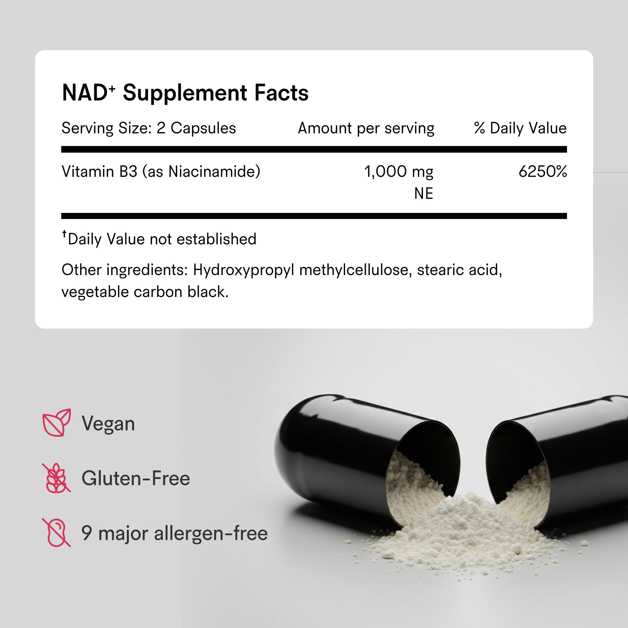 Tally Health NAD+ bottle on countertop displays gluten-free and non-GMO claim.
