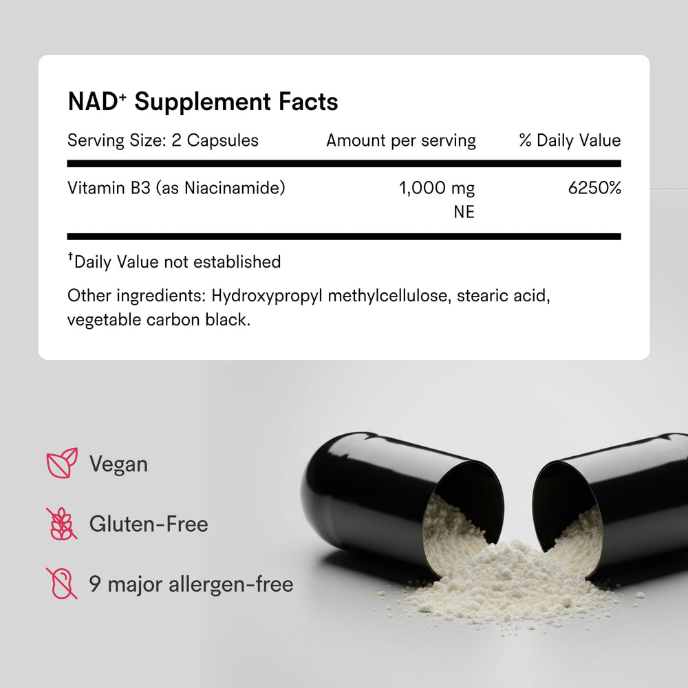 Tally Health NAD+ bottle on countertop displays gluten-free and non-GMO claim.