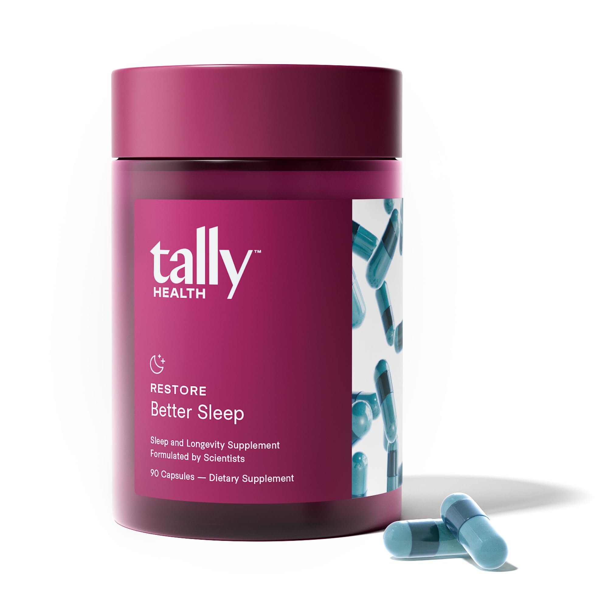 Tally Health Restore bottle front showing melatonin-free sleep support.