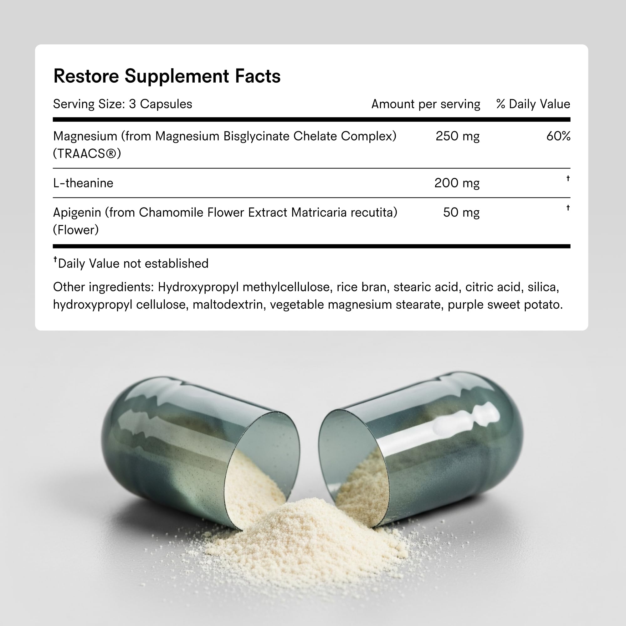 Vegan, non-GMO seal emphasizes purity and suitability for late-night use.