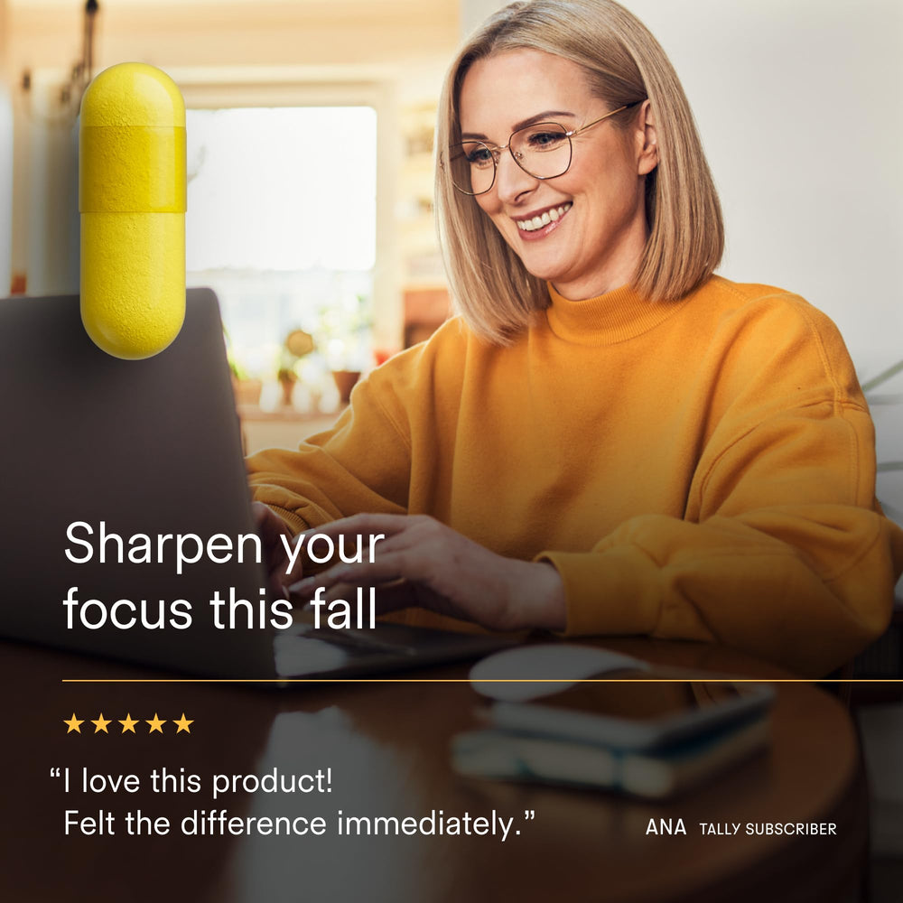 Closeup of Tally Health Sharpen tablets demonstrating convenient daily use.